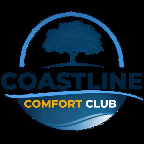 Coastline Comfort Club logo featuring a tree silhouette above waves in blue and yellow text